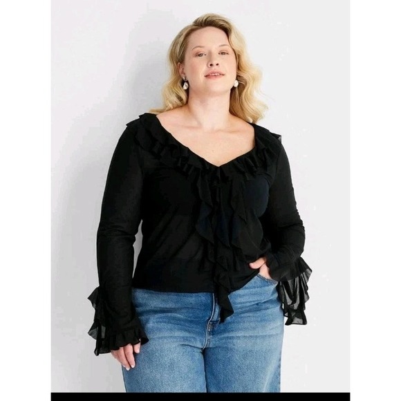 Women's Ruffle Long Sleeve Sheer V-Neck Blouse - Future Collective Black XXL - Picture 1 of 9